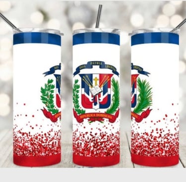 a tumbler cups with a Coat of arms of the Dominican Republic.