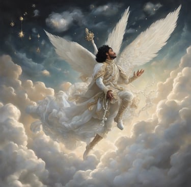 Un prince muni d'une perle s'envole au-delà des nuages