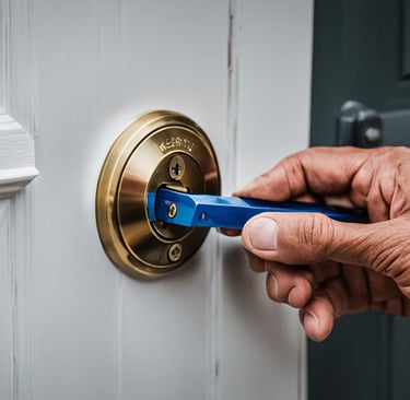 A close-up view of hands installing a deadbolt lock onto a residential door using precise measuremen