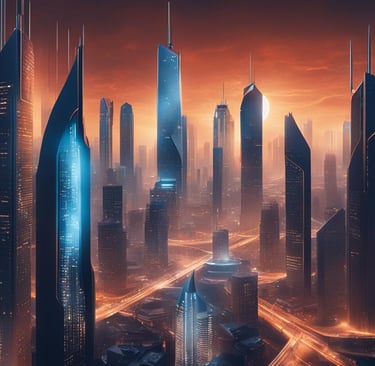 A futuristic city skyline with multiple high-rise buildings