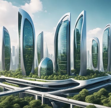 Show a futuristic city skyline with multiple tall buildings