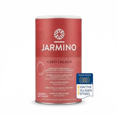 Boite rose de poudre de collagène de la marque Jarmino