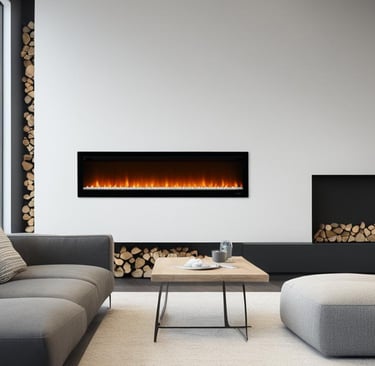a modern fireplace with a fireplace and a couch