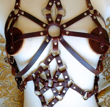 Full torso brown leather ring-work body harness.