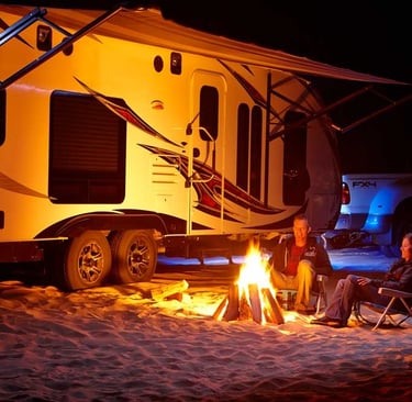 camper with friends and a fire