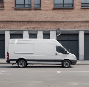 A delivery van parked outside a modern office building.