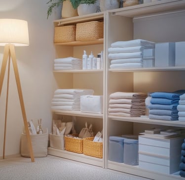 buanderie organisée de manière pratique et facile dans des tons clairs et reposants 