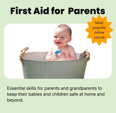 A baby smiling and playing in a tin both, first aid for parents online course