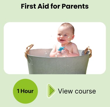 First aid for parents course card for online training. 1 hour learning 