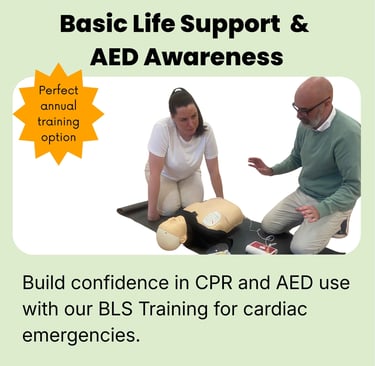Basic Life Support & AED Awareness course card with two people practicing CPR on a training manikin.