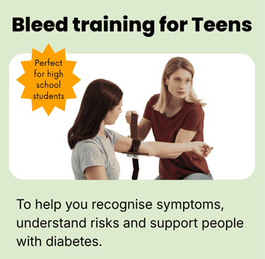 Bleed training for teen course card showing a training applying a tourniquet of an arm.