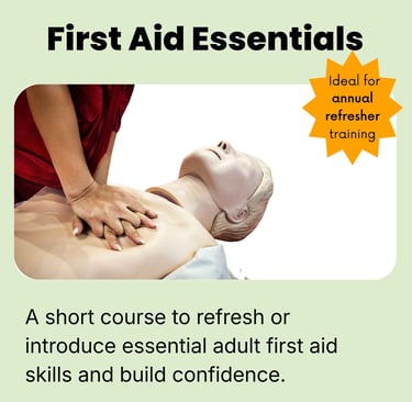 First Aid Essentials course card with CPR being performed on a training manikin.