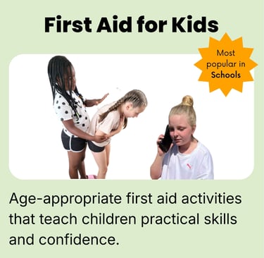 First Aid for Kids course card with children practicing first aid.