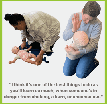 People learning different choking techniques for babies and children using training manikins.