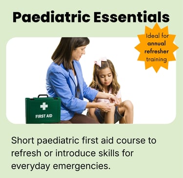 Paediatric Essentials course card with an adult treating a child's knee.