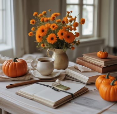 A serene setting with a cup of tea and a journal open to a colorful page.