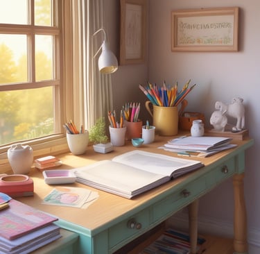 A cozy workspace featuring pastel-colored art supplies and a coloring book.