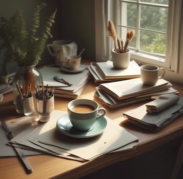 A cozy workspace featuring pastel-colored art supplies and a coloring book.