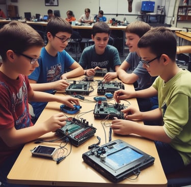 A vibrant classroom filled with kids engaging in robotics activities.