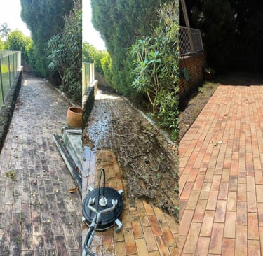 Avant-pendant-après du nettoyage d’une terrasse très encrassée au nettoyeur haute pression à Eupen.