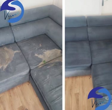 Nettoyage professionnel à Verviers d’un canapé d’angle avec élimination d’une grande tache de café.