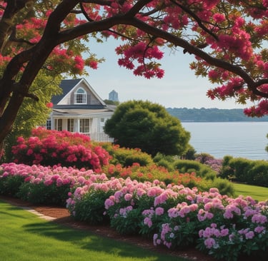 A serene garden with well-maintained grass and vibrant flowers under a clear blue sky.