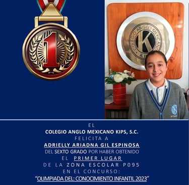 Adrielly Ariadna Gil Espinosa, estudiante del Colegio Anglo Mexicano KIPS, recibiendo el reconocimiento por obtener el primer