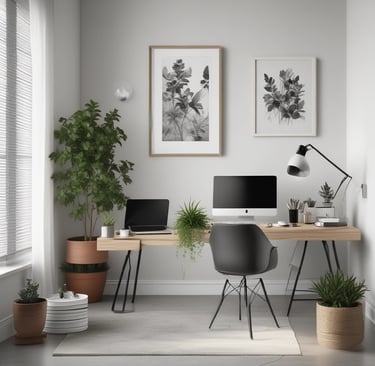 3D visualization of a stylish, functional home office layout.
