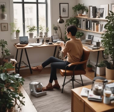Tech setup with multiple screens and organized cables in home office.