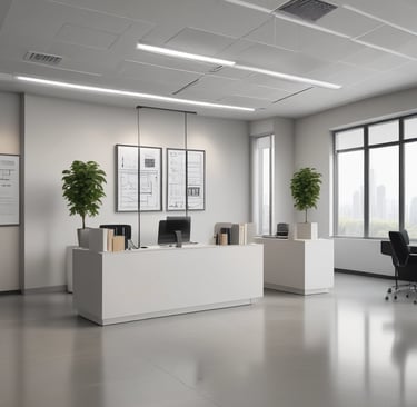 Modern office reception area with a clean desk and communication devices