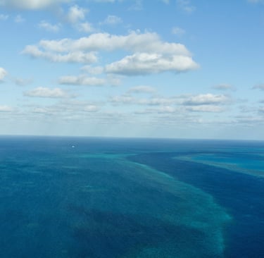 Aerial view of the Great Barrier Reef's turquoise waters under a blue sky with white clouds.