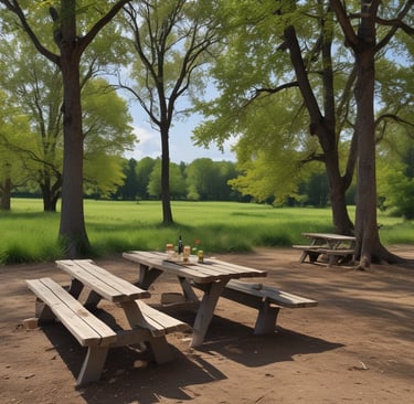 A beautiful picnic setup with a blanket and basket in a lush green park.