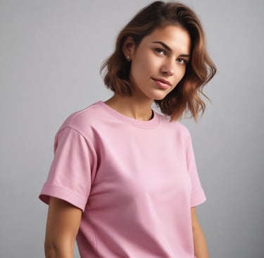 a woman in a pink shirt and jeans