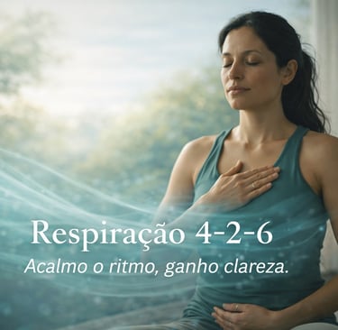 Jovem com mão direita no externo e a esquerda no abdomen respira em ritmo 4-2-6