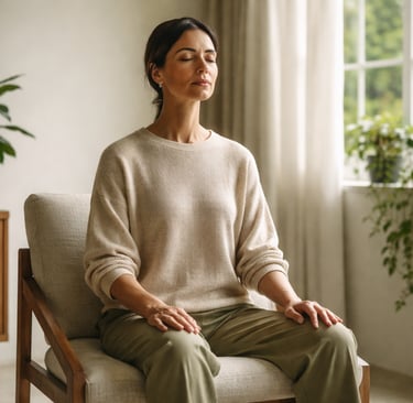 Pessoa sentada em silêncio, olhos fechados, observando a respiração em luz suave de manhã.