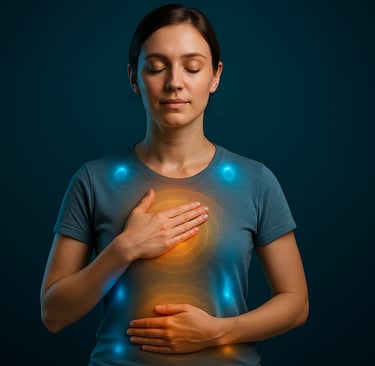 Mulher jovem, olhos fechados, mãos no peito e abdômen, realces sutis de luz onde interocepção