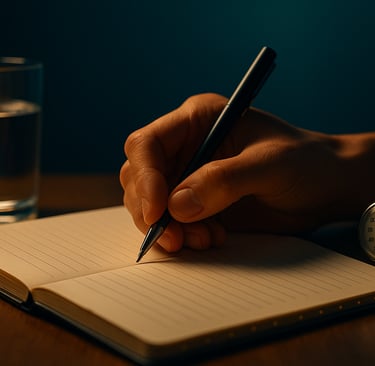 Mão escreve em caderno, copo d’água e cronômetro sugerem rotina tranquila de 21 dias