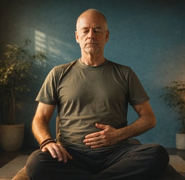 Pessoa praticando Kapalabhati com foco no abdômen, energia calma e atenção desperta.