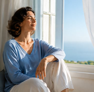Pessoa em pausa consciente, respirando livremente com confiança e presença