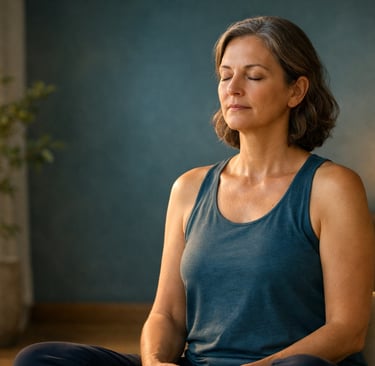 Pessoa praticando Ujjāyī com presença calma em ambiente luminoso e minimalista