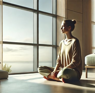 Pessoa sentada próxima à janela, luz suave e expressão serena, cultivando clareza e espaço interno