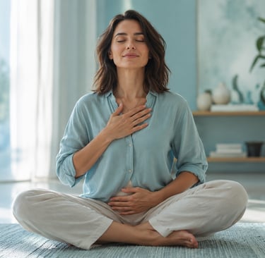 Pessoa em pausa consciente, respirando com calma em ambiente luminoso e fluido