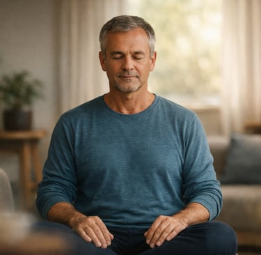 Pessoa sentada em presença calma em integração gradual da respiração consciente à vida cotidiana