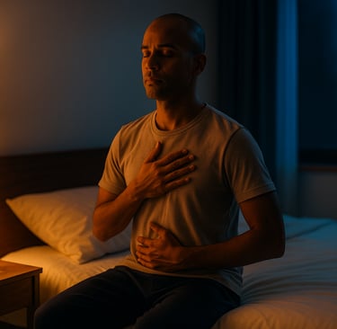 Pessoa sentada, mão no peito e abdômen, luz âmbar quarto fresco