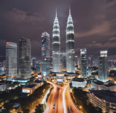 A cityscape featuring the iconic Malaysia KLCC Twin Towers illuminated at night.