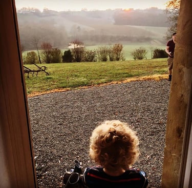 A little boy looking out over the countryside.