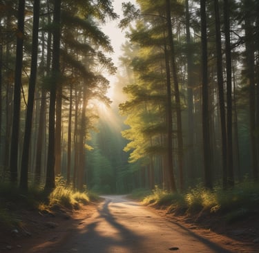 A peaceful outdoor setting with trees and a walking path.