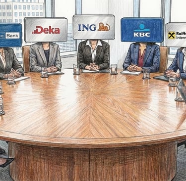 Ten female bankers at a board meeting agreeing on stablecoin issuance.