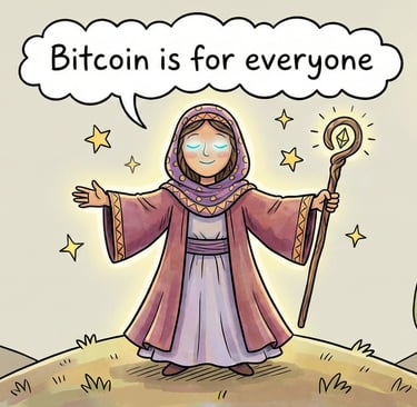 Female mystic holding staff with arms outstretched, speech bubble reads "Bitcoin is for everyone".