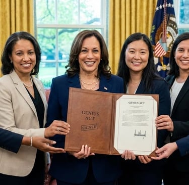 A female leader holding the Genius Act, representing a stable economy and stablecoin adoption.